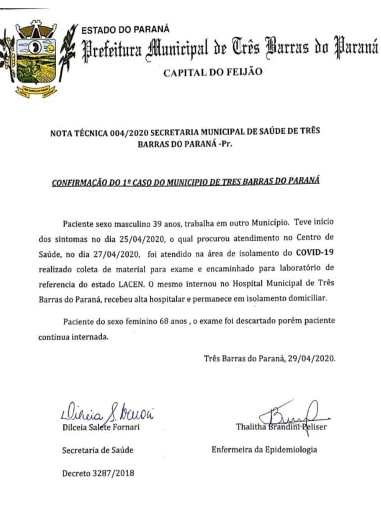 Três Barras do Paraná confirma primeiro caso de Covid-19