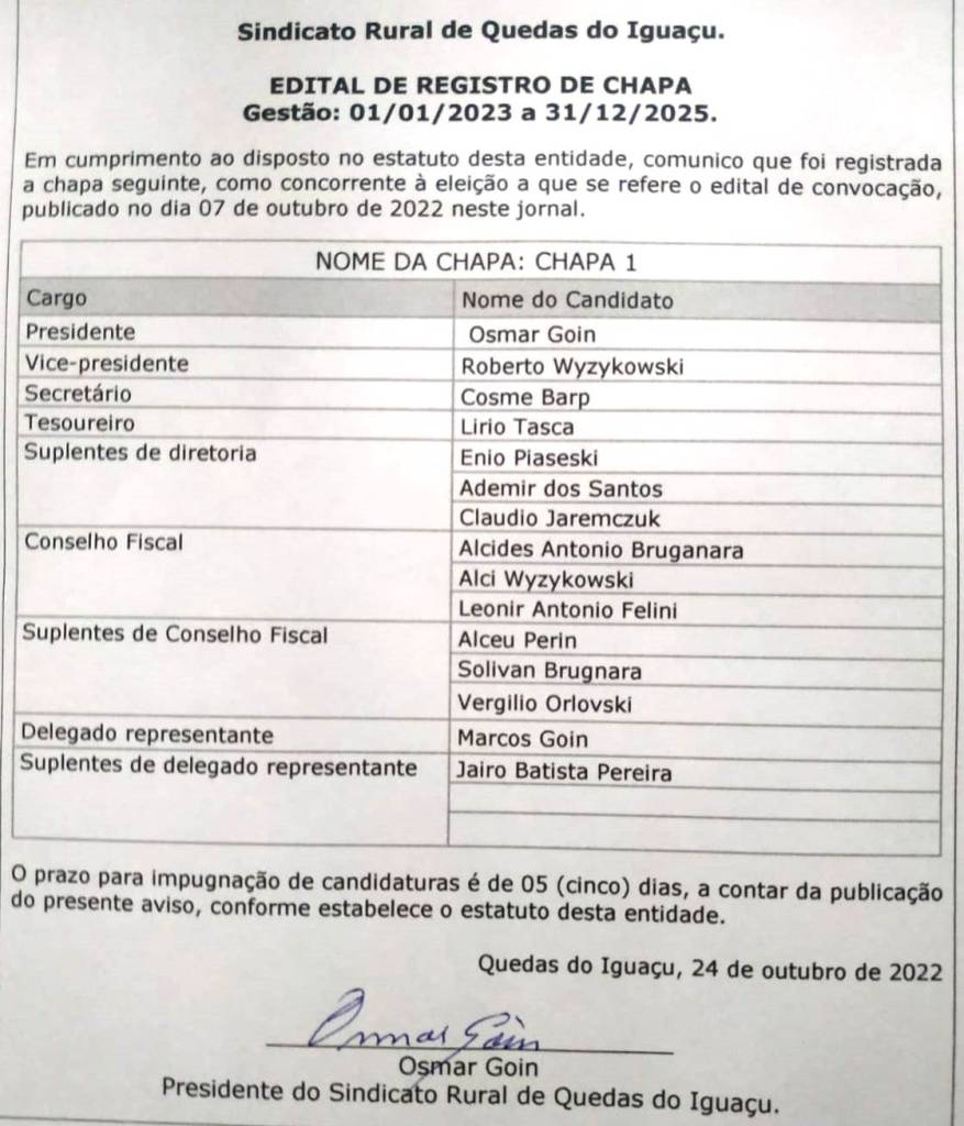 Edital De Registro De Chapa - Jornal Expoente Do Iguaçu
